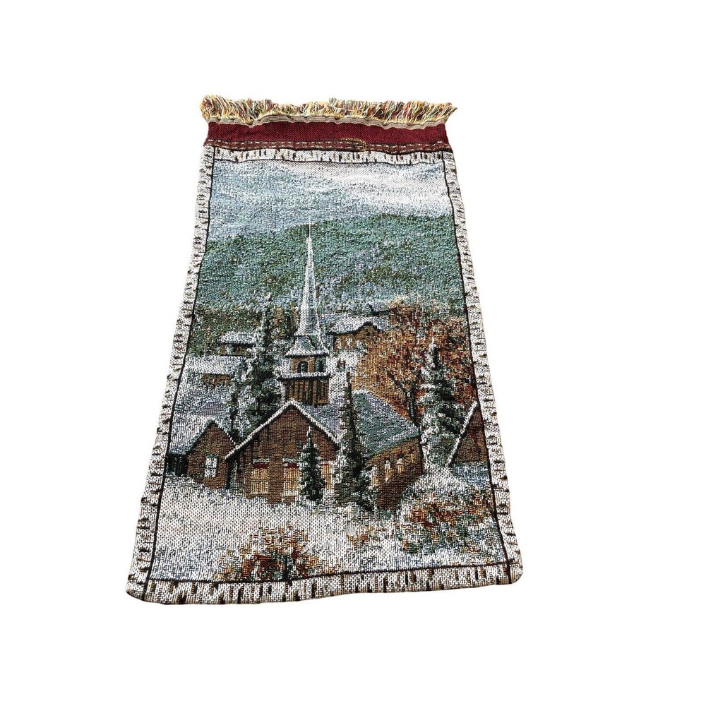 *Tapestry Pillow Case Church Horse Sleigh Snow Bells Trees Fringe Town Jacquard - Picture 2 of 8